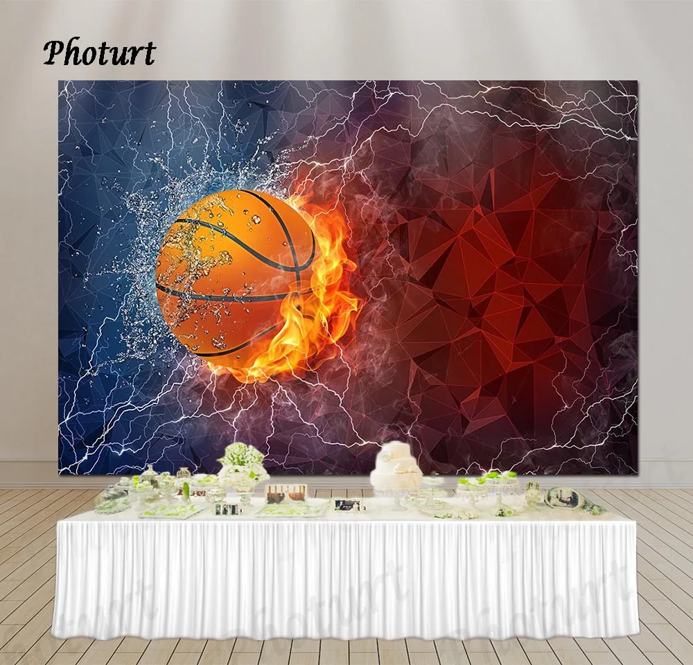 

PHOTURT Basketball Backdrop Boy Birthday Party Background Black Sport Theme Fire Lightning Polyester Vinyl Photo Studios Props