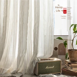 Cortinas transparentes a rayas de algodón y lino de tipo japonés, cortinas de tul para balcón, cocina, dormitorio, sala de estar