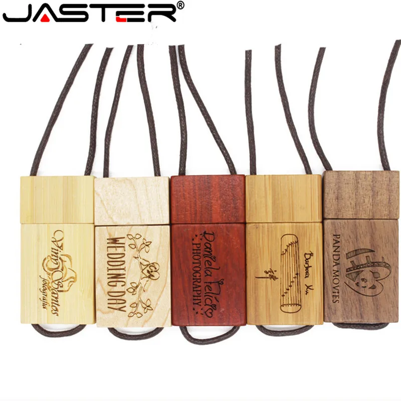 

JASTER Lanyard Wooden USB Flash Drive red wood pendrive 4GB 8GB 16GB 32GB 64GB bamboo Memory Stick logo engraving wedding gifts