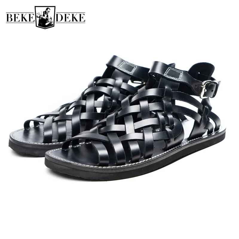 Luxury Men Summer Cowhide Genuine Leather Sandals Italian Handmade Weave Open Toe Gladiator Sandals New Male Vintage Flats Shoes