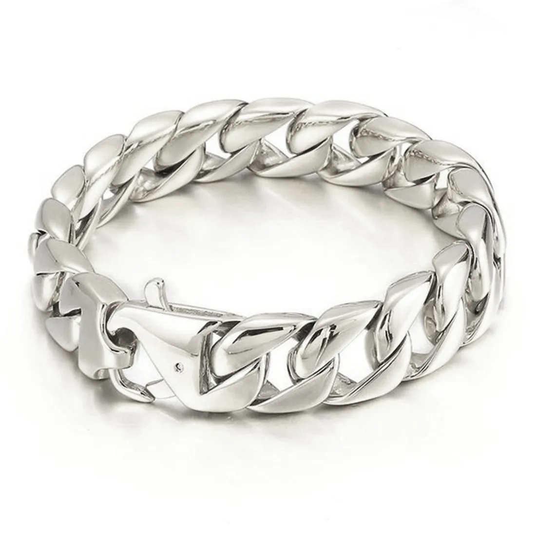 15mm Wide New Design Silver Color Polished Chain Stainless Steel Miami Cuban Curb Chain Mens Male Bracelet Jewelry 7-11inch