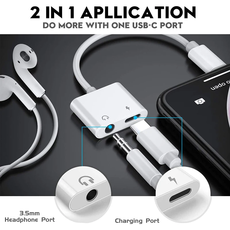 Conector 2 en 1 Tipo C a Jack de 3,5mm, conector Aux para auriculares Dual tipo C, adaptador USB C, divisor de teléfono, accesorios para auriculares Xiaomi