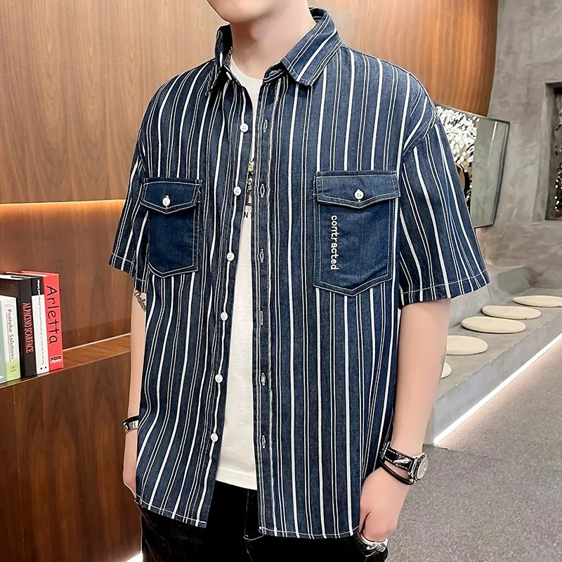 Men's Short-Sleeved Simplicity Handsome Shirt Pocket Tooling Style SenseOf Design Large Size Stripe Fashion Loose Cardigan