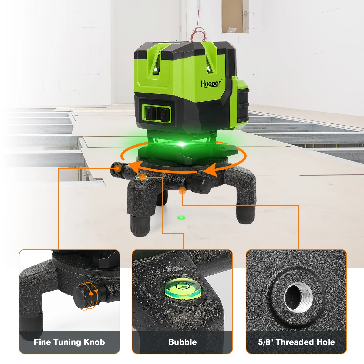 Huepar Cross Line Laser Level Green 360° Horizontal &Vertical Line & Plumb Dot Self-Leveling Li-ion Battery Type-C Charging Port