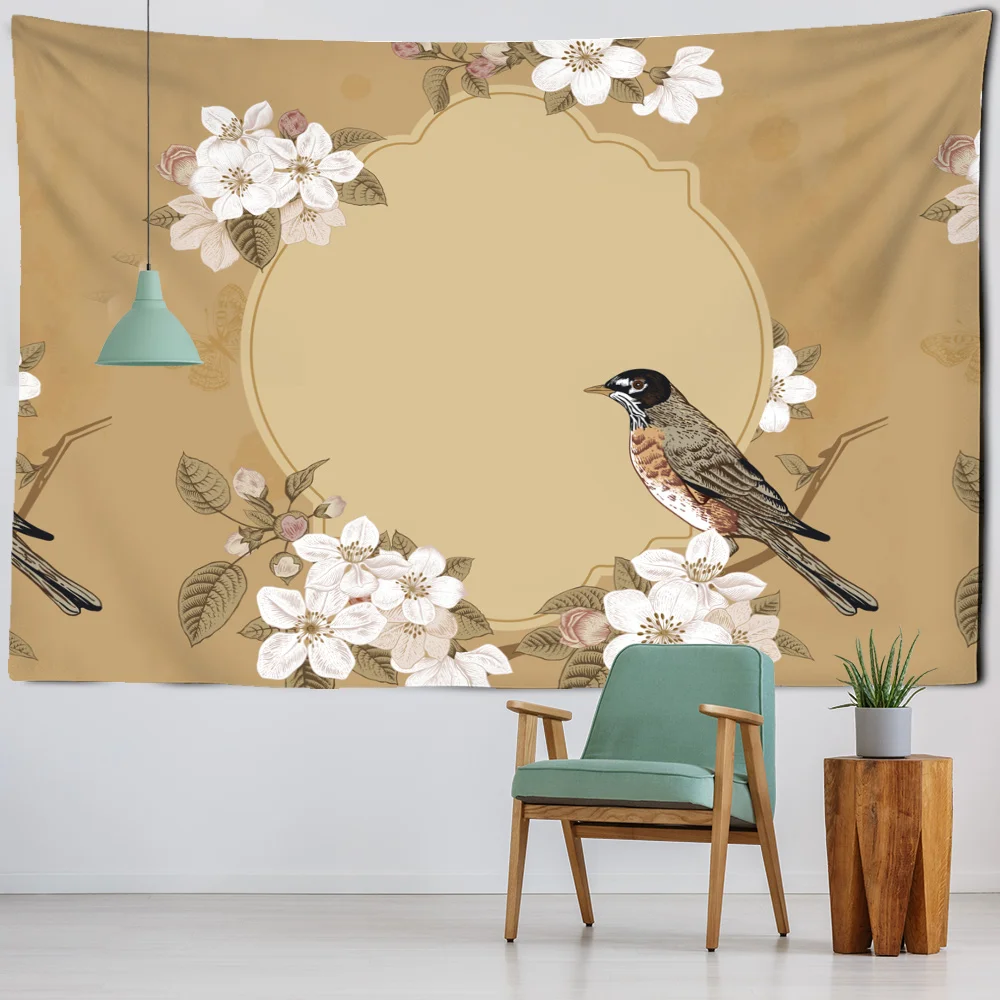 

Bird and Flower Tapestry Landscape Illustration Wall Hanging Bohemian Style Moon Psychedelic Mandala Home Decor