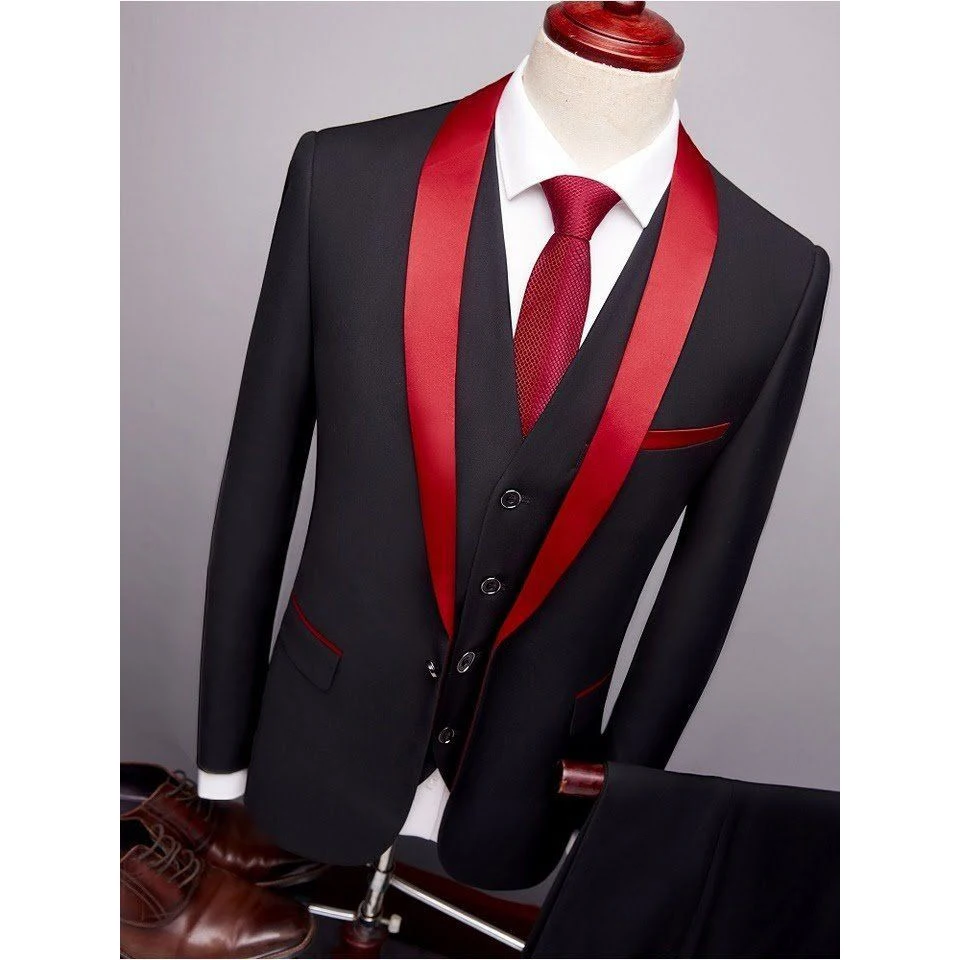 

Mens Red Shawl Collar Suit for 2021 Wedding Custom Made Black Smoking Tuxedo Jacket 3 Piece Set Groom Terno Suits For Men