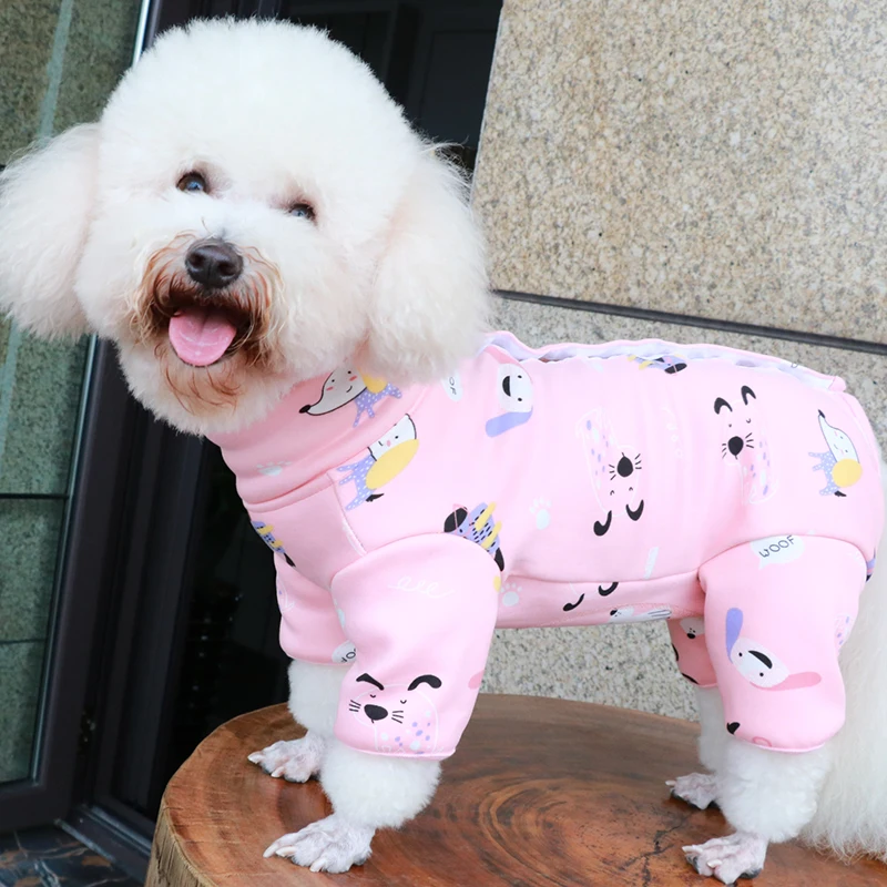 Pet Dog Jumpsuit Warm Fleece Puppy Clothes Pink Printed High Neck Overalls For Small Dogs Protect Belly Pajamas Chihuahua Coat