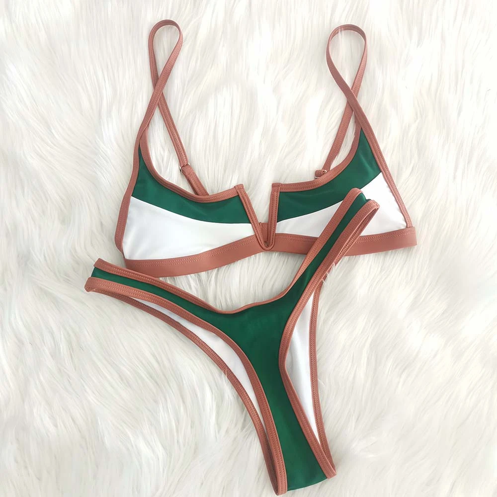 Vintage retro biquíni retalhos maiô tanga brasileira sexy banho feminino 2023 novo verão micro v-bar verde fatos de banho