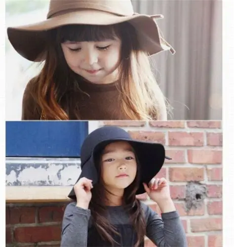 Retro Wind Children\'s Adjustable Big Hat Girls\' Solid Bow Beach Sun Round Hat Outdoor Caps 5 Colors