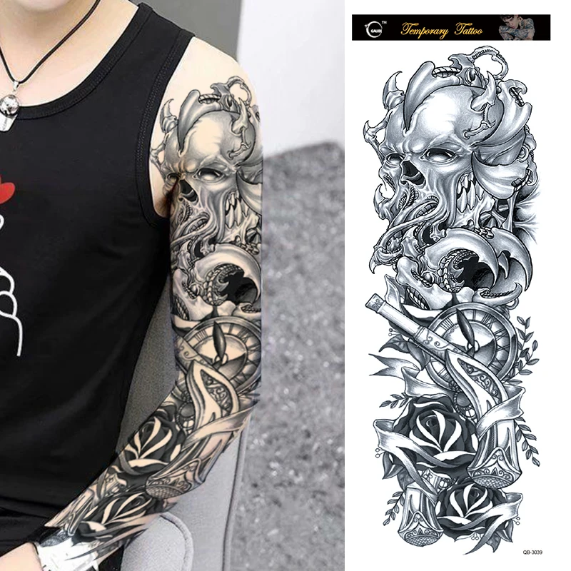 20 Sheets Large Full Arm Temporary Tattoo Sticker Men Women Cool Skull Forest Fish Leg Shoulder Sleeve Fake Body Art Totem