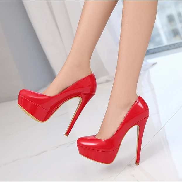 Sexy Ladies Thin Heeled Pumps Platform Patent Leather Concise Women High Heels Woman Wedding Party Dress Formal Shoes 14CM F0042