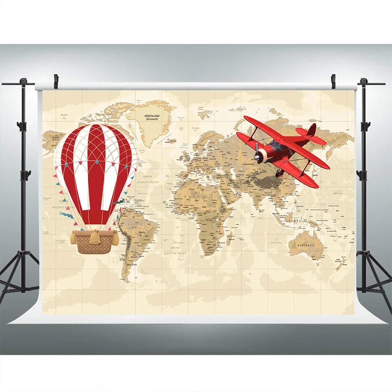 MOCSICKA Baby Shower Backdrop World Map Adventure Photography Background Airplane Birthday Party Banner Decoration