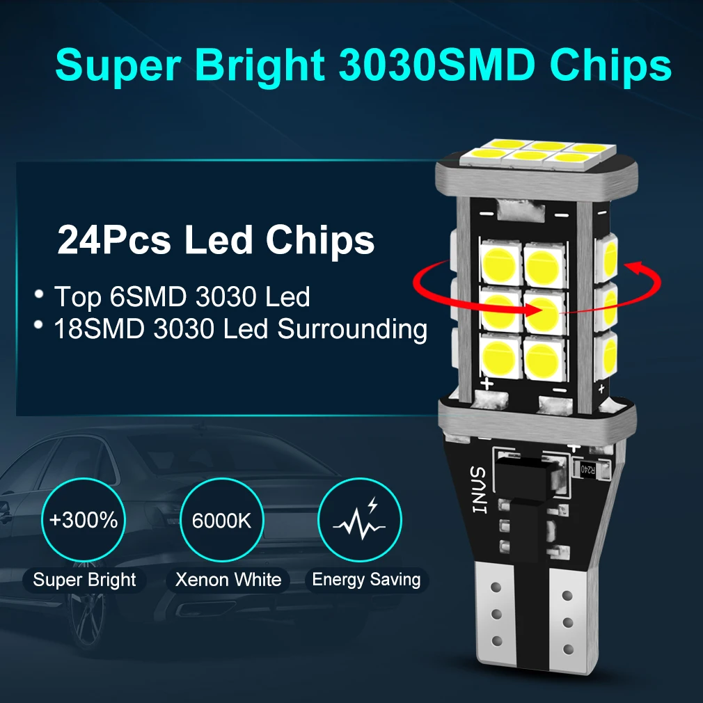 2Pcs T15 W16W LED Bulb 3030SMD Canbus 920 921 912 Lamp OBC 1400LM Car Reverse Lights Backup Stop 6000K White 12V