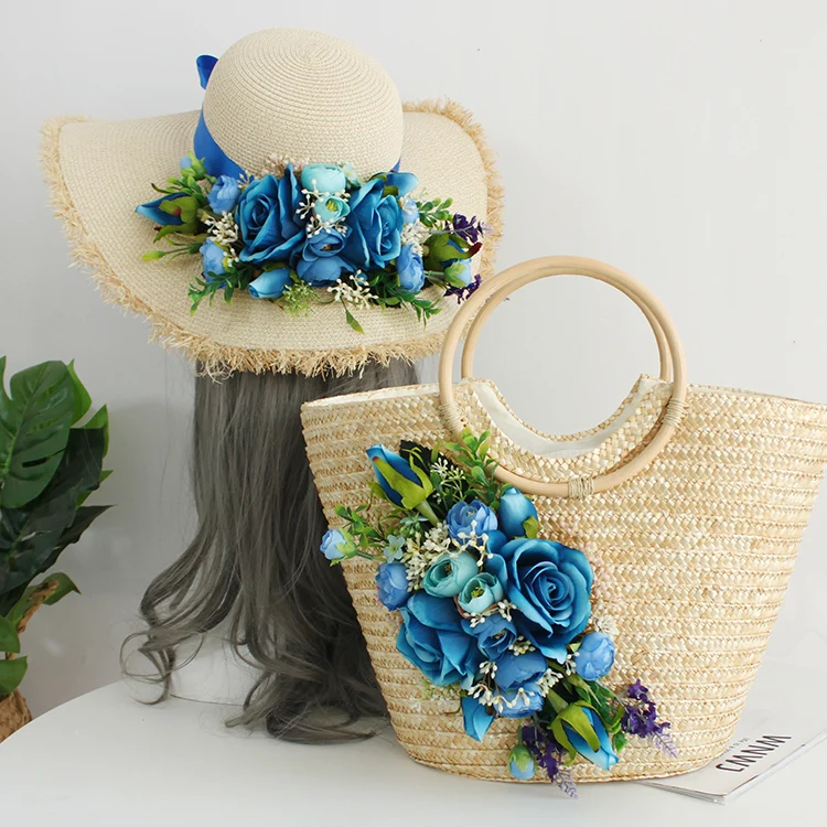 Women Fahsion Weave Rattan Summer Beach Bag Hat Suit Nature Clolor Strew and Flower Studded Bohemia Tote Top-handle Holiday Bag