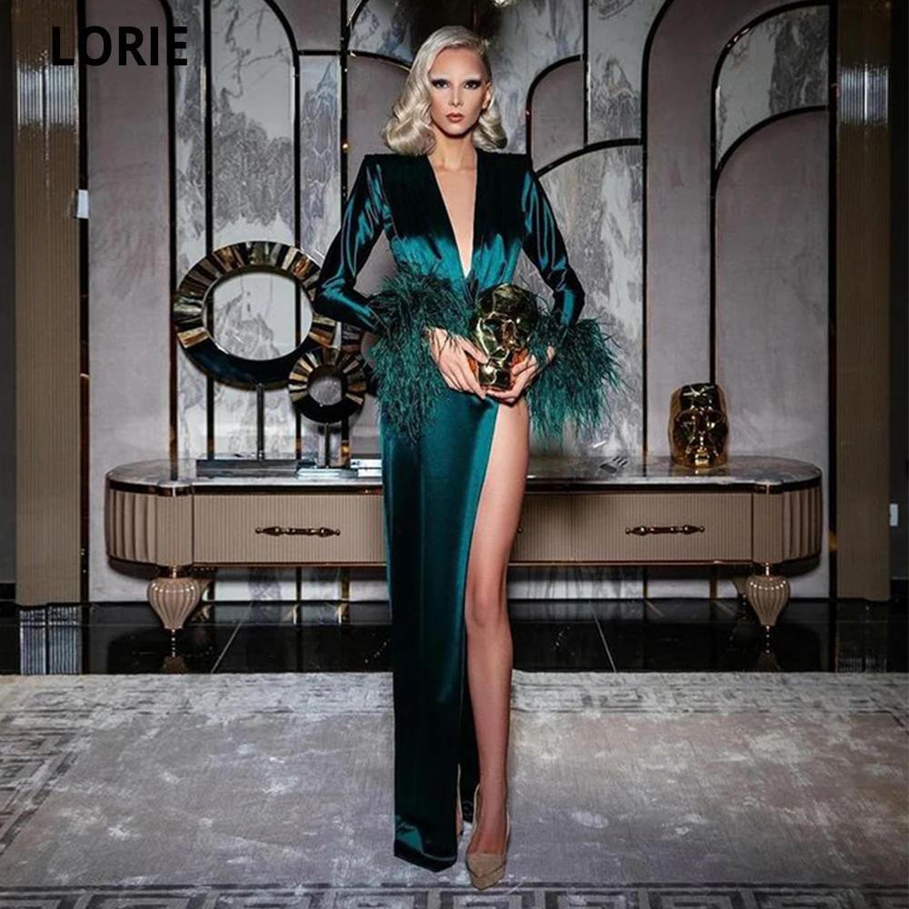 Lorie escuro verde longo formal vestidos de noite dubai mangas compridas com penas fenda lateral vestido de baile vestidos de festa robe de soiree