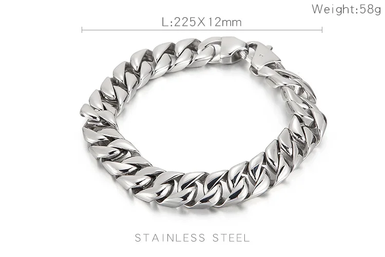 12mm Classis Shiny Curb Cuban Link Chain Bracelet Men 316L Stainless Steel Polish Bracelet