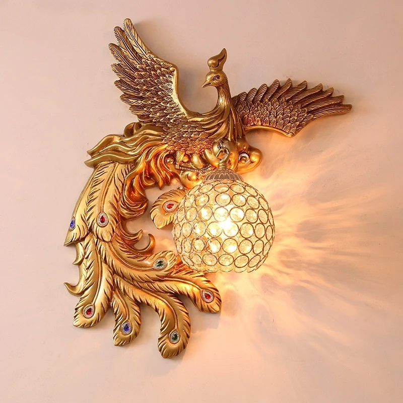 American Retro Wall Lamp Peacock Wall Lights Home Lusters Crystal Lamp Shade Bedside Resin Wall Sconces Indoor Lighting Fixtures