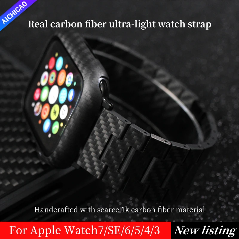 Carbon Real Carbon Fiber Strap  Authentic Black Size Compatible with iWatch Series 7, 6, SE, 5, 4, 3, 2, 1 Aramid Fiber case