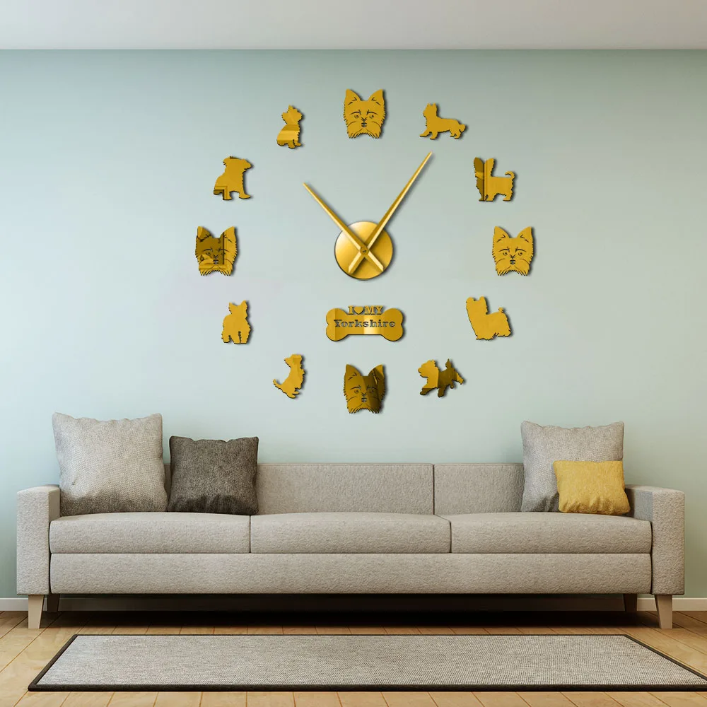 

Yorkshire Terrier Mute Wall Clock With DIY Mirror Wall Stickers Big Hands Frameless Giant Wall Watch Pet Shop Yorkie Owner Gift