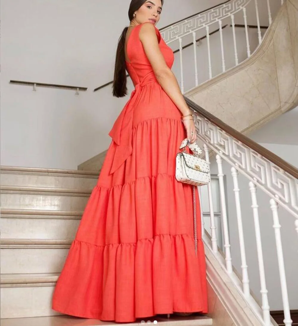 Eeqasn Orange Chiffon Prom Dress Long Sleeves V-Neck Tiered Women Evening Party Gowns With Belt Formal Classy Dresses Plus Size