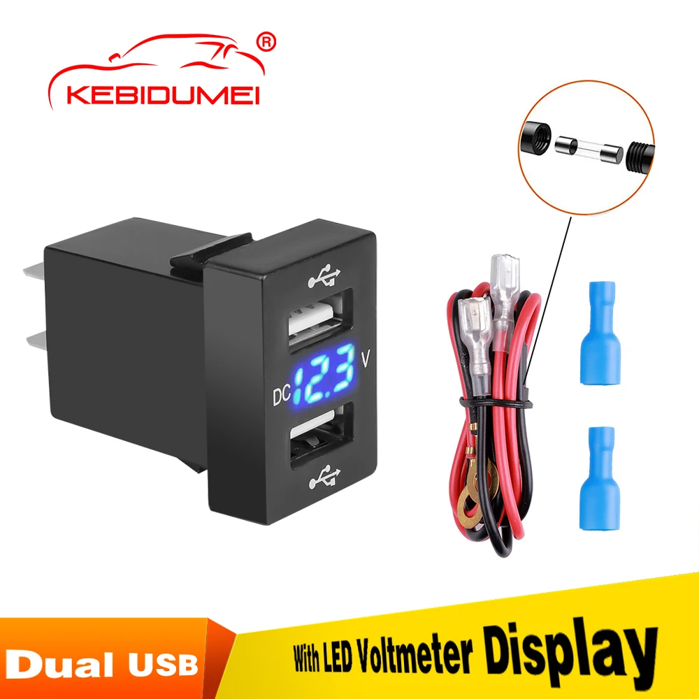 Kebidumei 12V Dual USB Car Charger QC3.0 LED Voltmeter Power Adapter With Digital Voltage Display For Toyota Series Cars