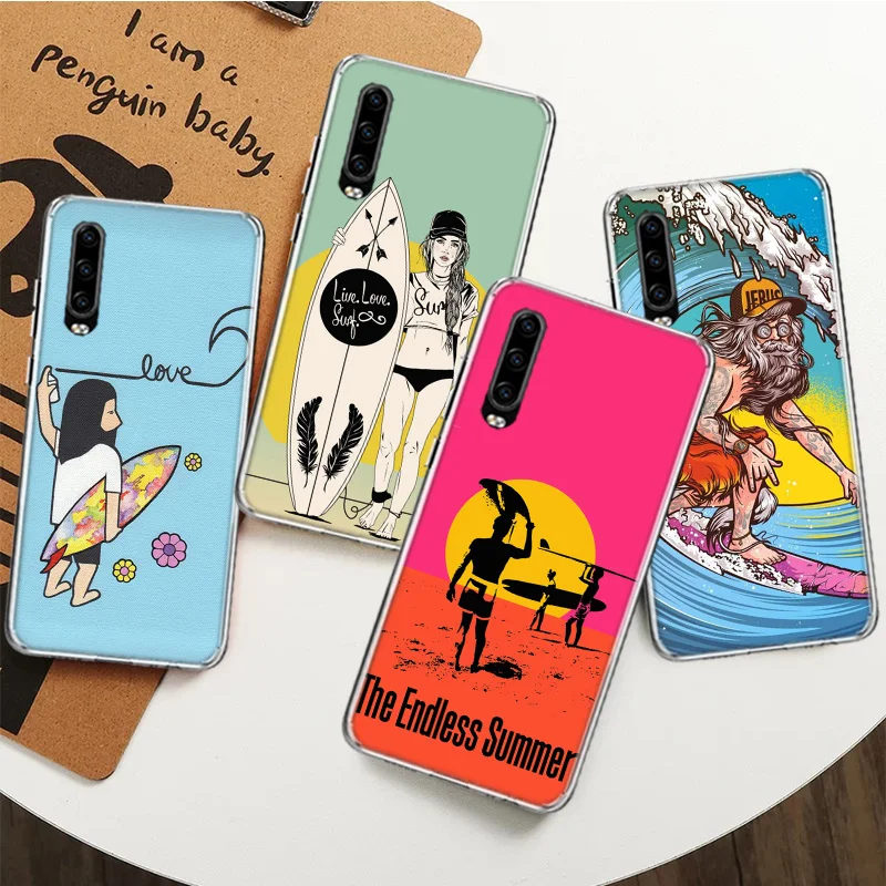 Surfboard Surfing Art Surf Girl Summer Silicon Call Phone Case For Huawei P30 P20 P40 P50 P10 Mate 20 30 40 10 Lite Pro Casing