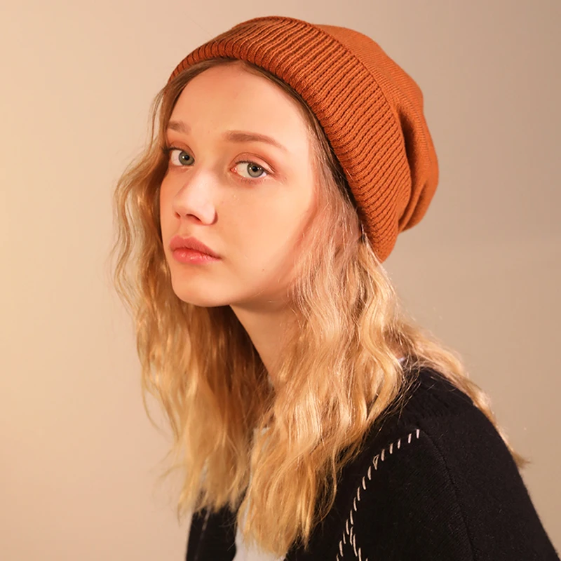 

Autumn Winter Australian Wool Knitted hat，Women Fashion Double Thickened Beanies, Girls Solid Color Head Cap