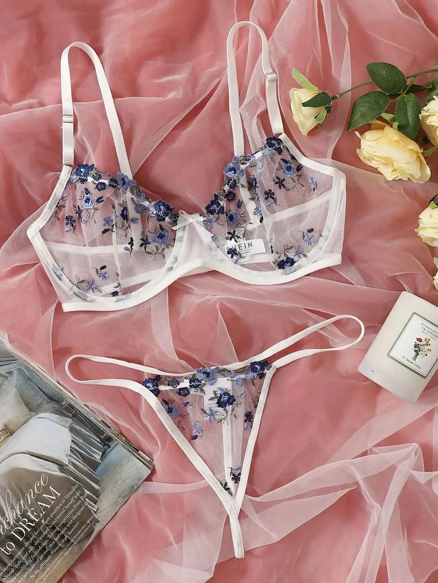 Floral Embroidered Mesh Underwire Lingerie Set