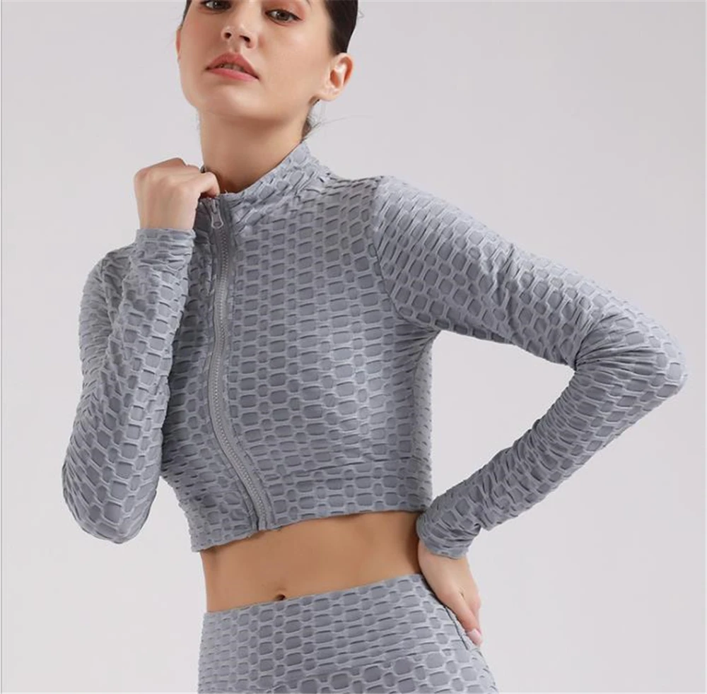 Workout Long Sleeve Fitted Crop Top Women, Zip Up Sports Casual Jacquard Yoga Tops, Gym Clothing, Sexy Fitness Outer Shirts