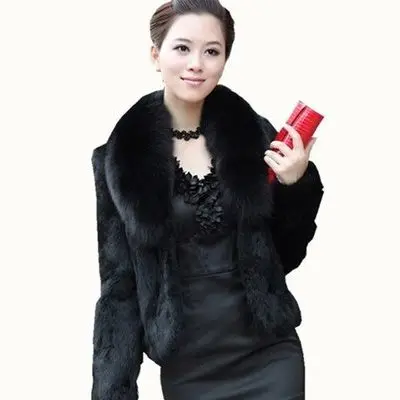 High Quality Faux Rabbit Hair Coat Women's Warm Outerwear Autumn Winter Short Faux Fox Fur Collar Coat Jacket Overcoat