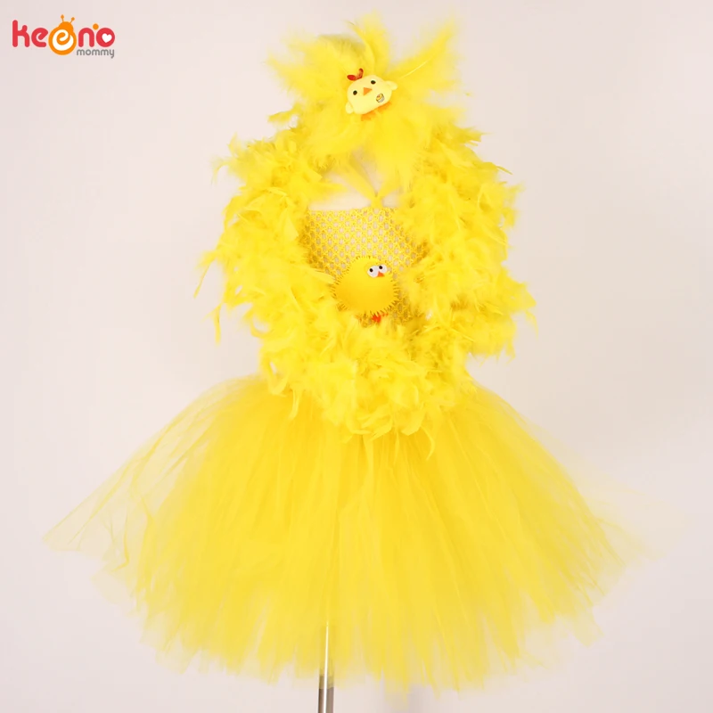 Yellow Chicken Tutu Dress Girls Kids Farm Animal Party Halloween Costume Feather Wings Children Cake Smash Photo Tulle Dress