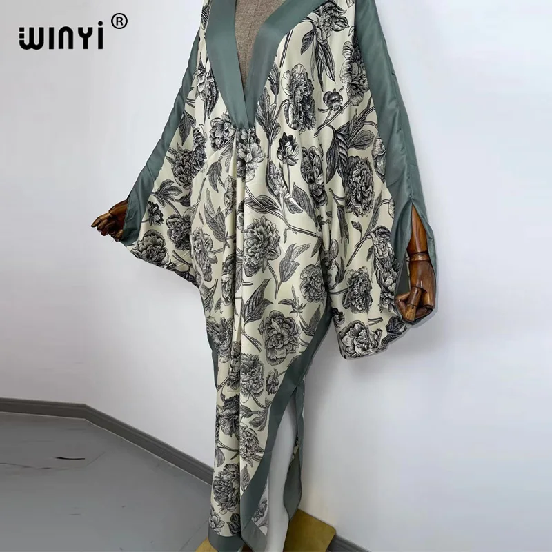 WINYI 2021 Retro Floral Printed Party Long Dress Women Elegant Sexy Deep V Neck long Sleeve Dress Ladies Fashion Beach Dresses