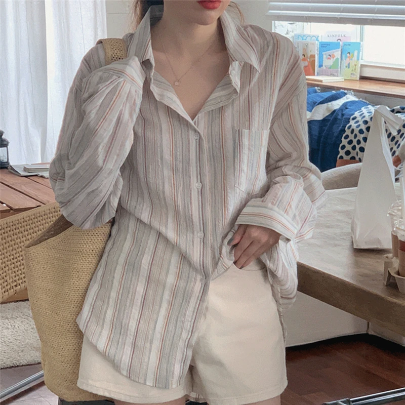 BL3532 New 2023 Fashionable Oversized Single Breasted Shirts Striped Vintage Minimalist Summer Autumn Women\'s Blouses Wild Tops