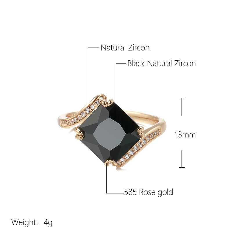 Kinel Luxury Big Square Black Natural Zircon Ring For Women Fashion 585 Rose Gold Color Vintage Wedding Jewelry Fine Daily Gift