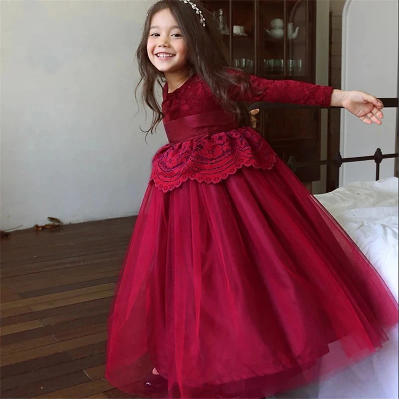 

Flower Girl Dresses for Weddings O Neck Full Sleeves Kids Party Communion Gowns Lace Princess Dress