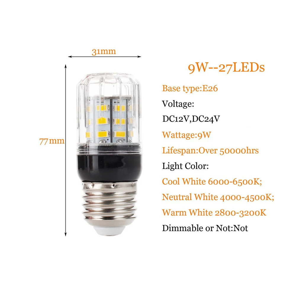 Ampoules de maïs LED, lampes électriques, lampe de table, projecteurs pour éclairage intérieur domestique, DC 12V, 24V, 9W, 27 gibles, E26, E12, E14