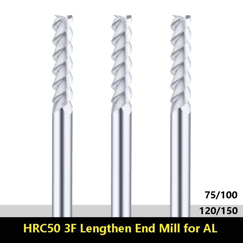 

1-20mm Lengthen End Mill for Aluminum HRC50 3 Flute Carbide CNC Milling Cutter Tungsten Steel 75 100 120 150 Long Endmills