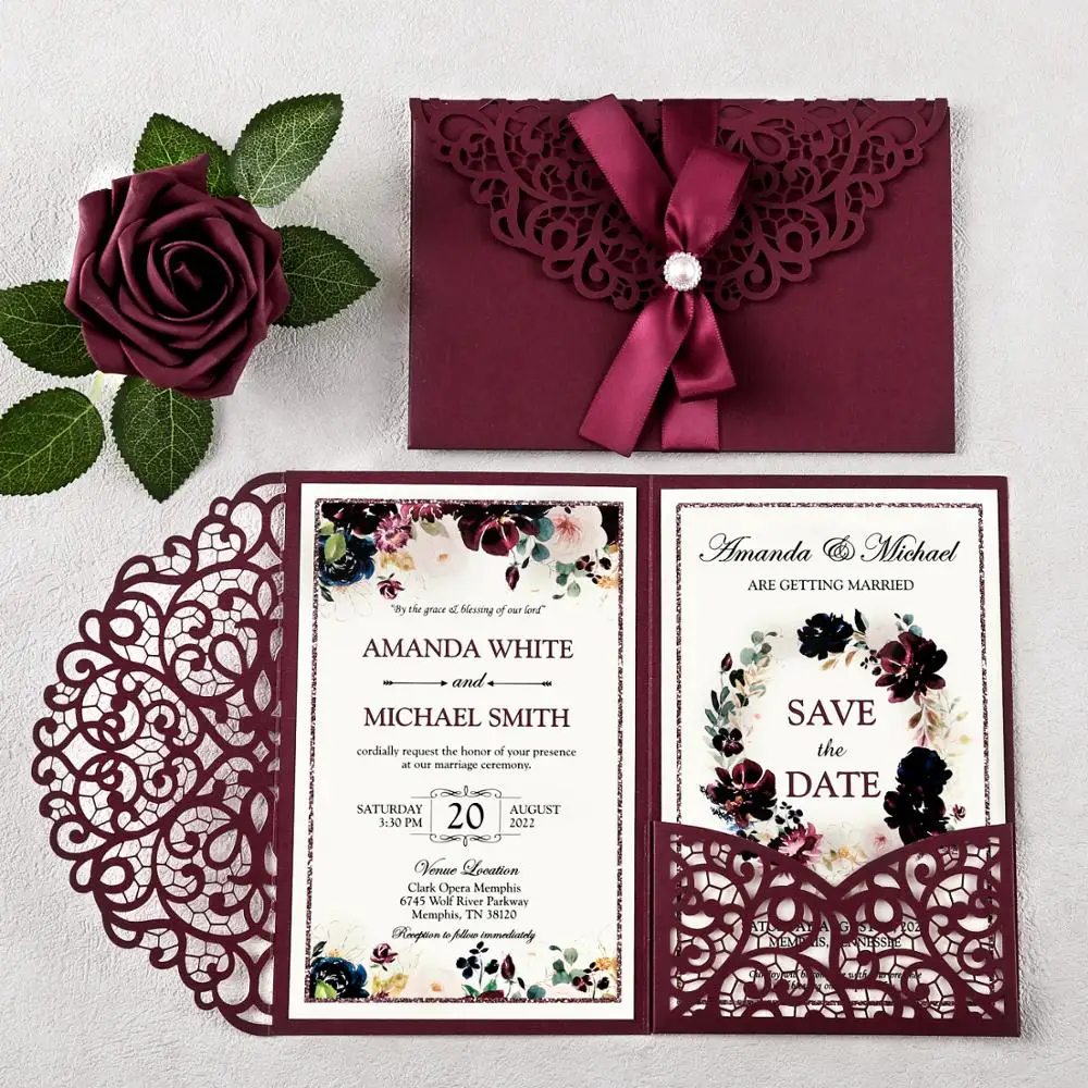 

50pcs Custom Burgundy Laser Cut Hollow Wedding Invitations Pearlized Paper with Envelopes for Wedding Party
