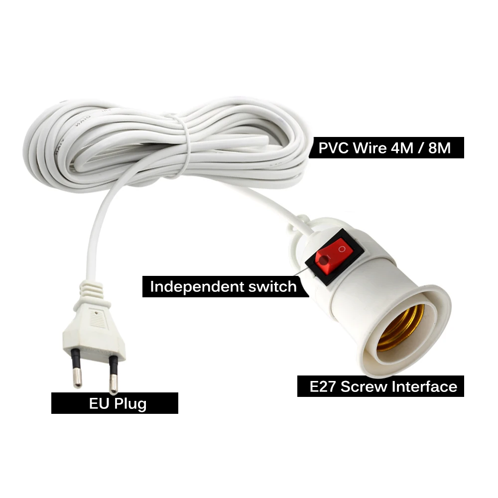 E27 Lamp Bases With 4M 8M Power Cord Independent Push Button Switch EU Plug E27 Screw Interface Lamp Holder