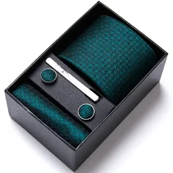 Gravata verde para homens, gravatas de negócios, Hanky Cufflink Set, clipes de gravata, casamento, caixa de presente, qualidade superior, 7,5 cm