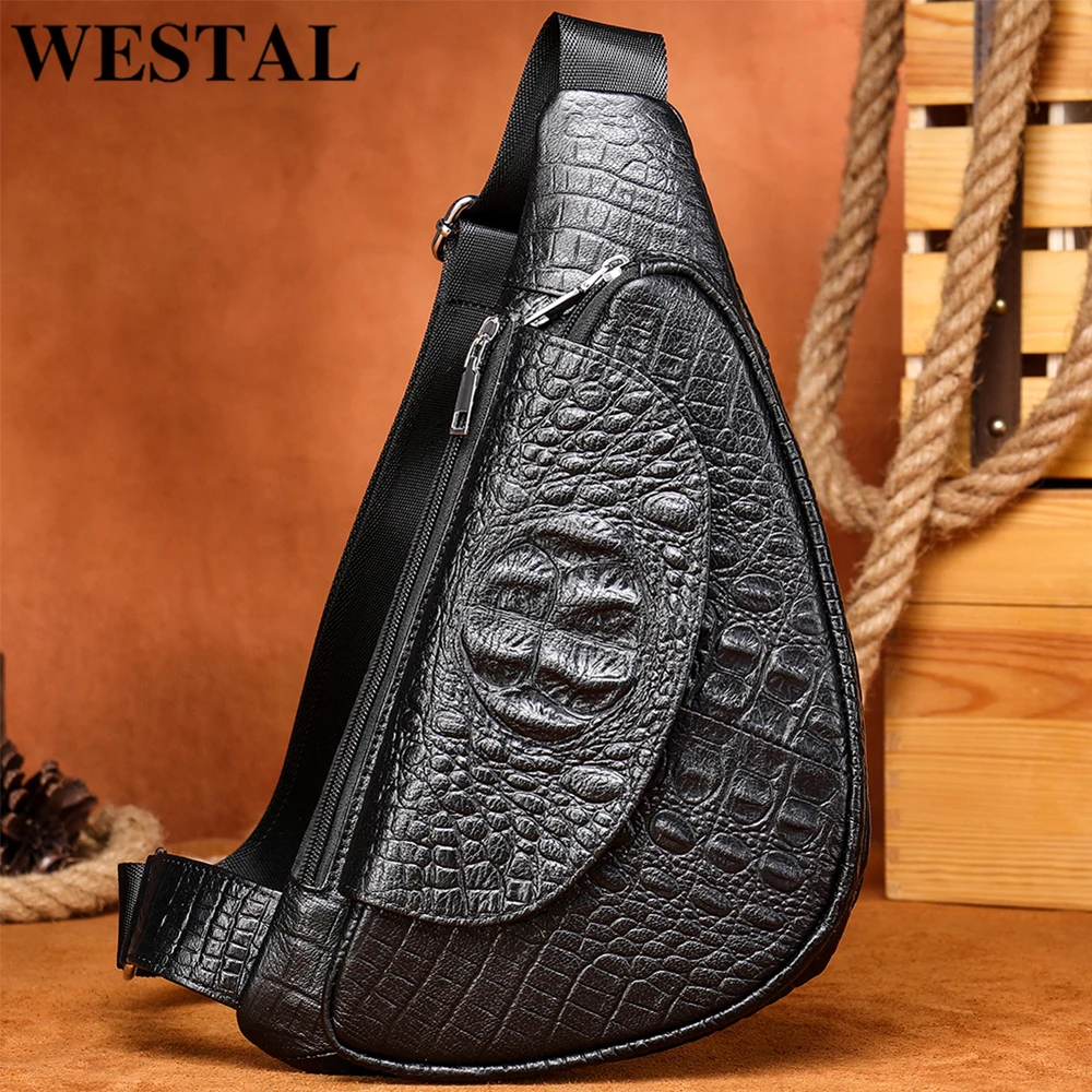 WESTAL Croco-Bolsos de hombro de cuero genuino para hombre, bandoleras cruzadas de viaje al aire libre, a la moda, paquete de 698