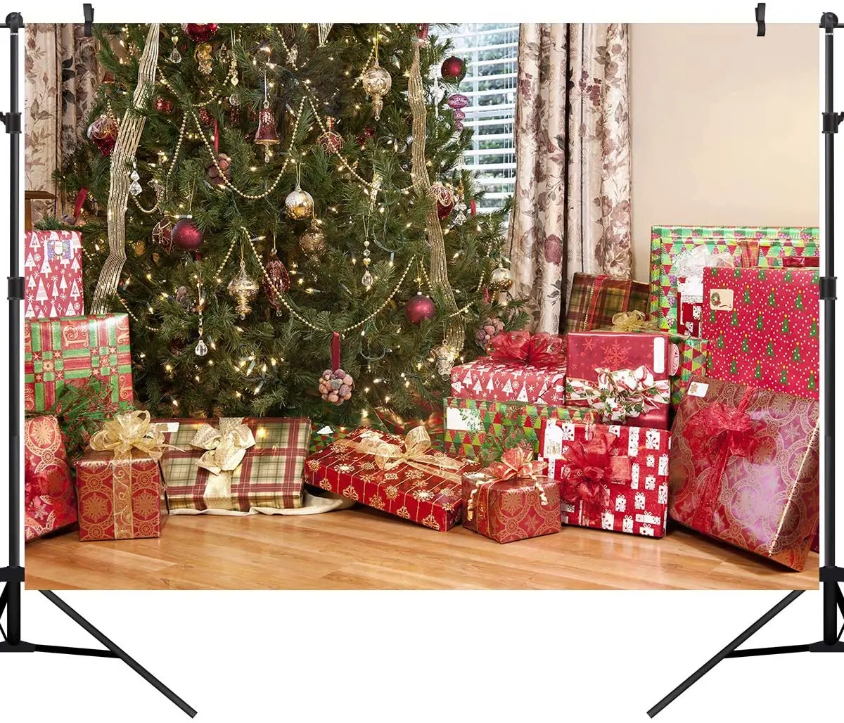 Christmas Tree with Lots of Pretty Wrapped Photography Backdrop Winter Party Vinyl Photo Booth Background Studio Prop