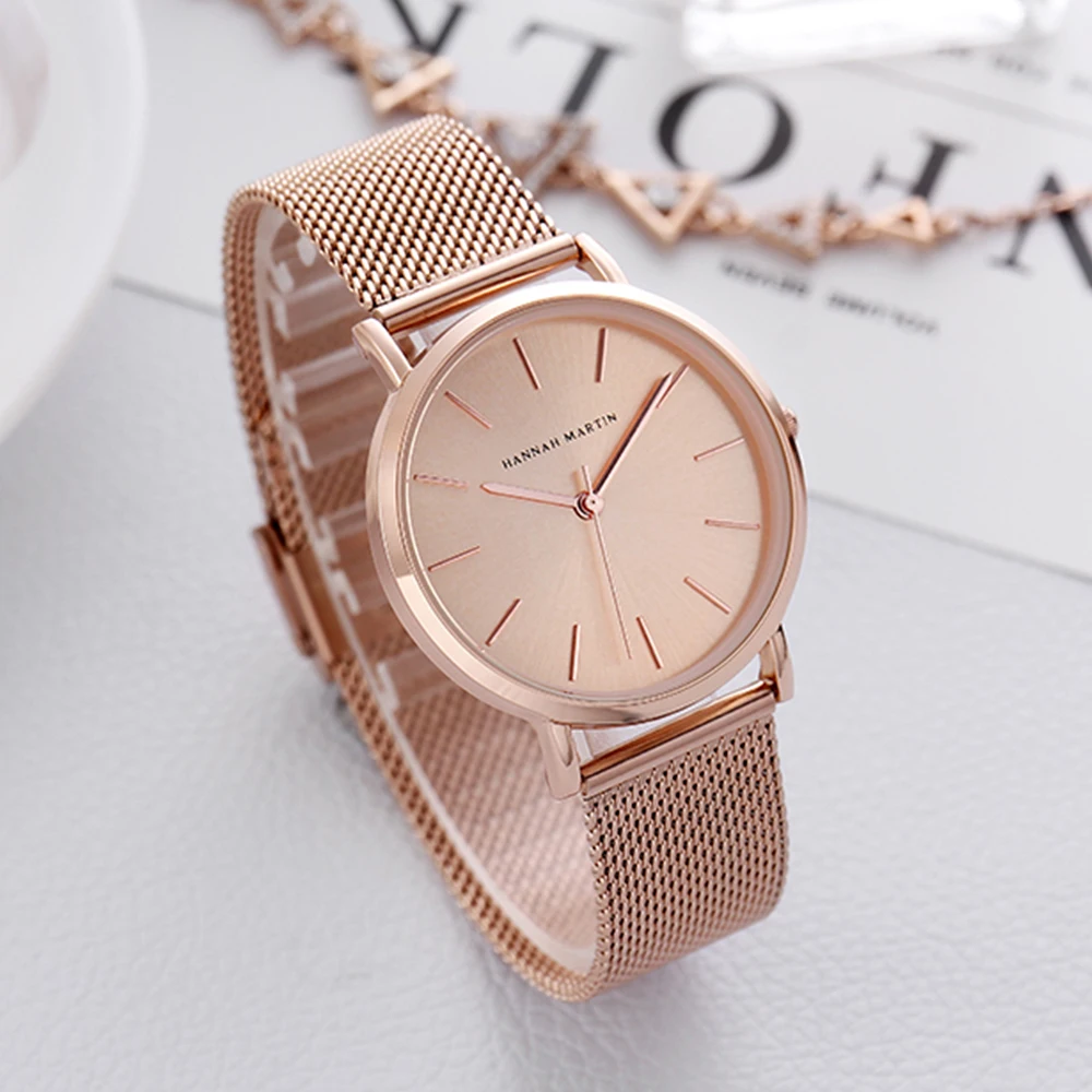 Hannah Martin Top Brand Luxury Watches Women Stainless Steel Mesh Belt Watch Japan Quartz Movement Clock Ladies Wrist Watch