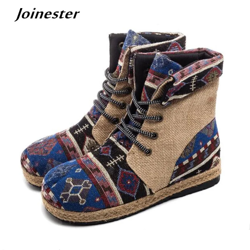 Spring Women Hemp Ankle Boots High-Cut Lace-Up Patchwork Leisure Shoes Ladies Retro Embroidered Short Booties Flat Heel Sneakers