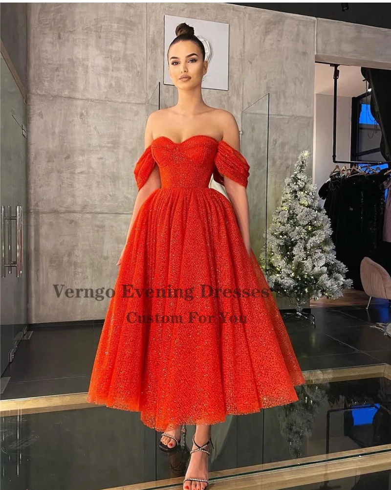 Verngo 2021 Gaun Prom Pendek Garis A Merah Glitter Gaun Pesta Malam Hati Tanpa Bahu Pakaian Formal Mengkilap Panjang Teh