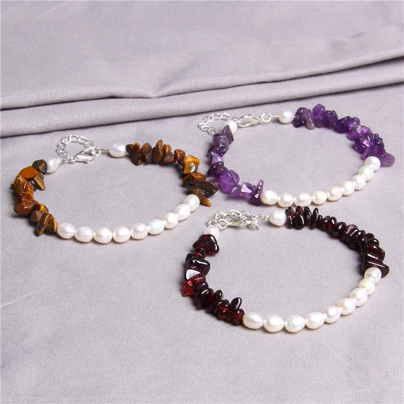 Natural Oval Pearl Beads Bracelet Colorful Gravel Tiger Eye Stone Citrines Amethysts Bracelets for Women Girl Jewelry Gifts