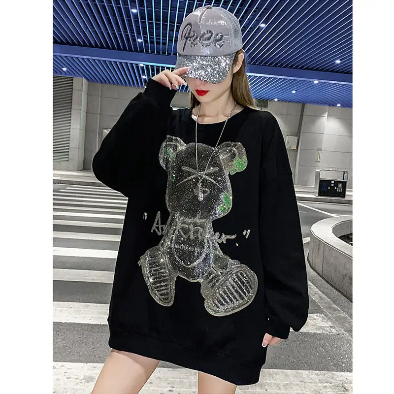 Plus Size 4XL Bear Beading Sweatshirt Women 2024 New Korean Pullover Harajuku Style Black Oversized Cartoon Top