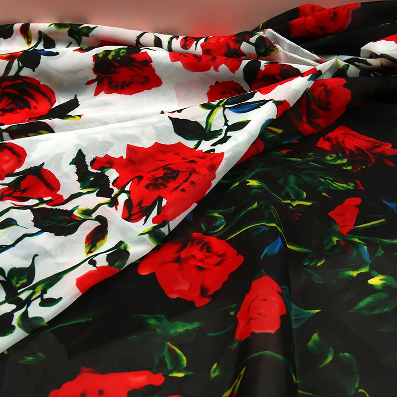 145x100cm 3D Beautiful Black White Rose Printed Chiffon Fabric Is Light And Breathable To Make Yarn Skirt Scarf