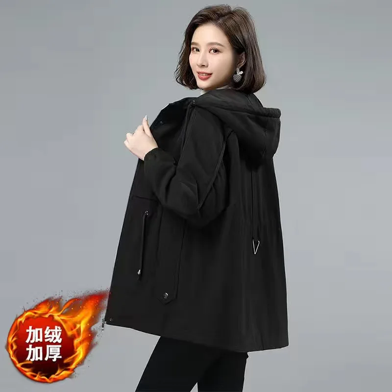 Plus Velvet Thicken Cotton-Padded Windbreaker Jacket Female Mothers Wear 2024 Autumn Winter New Loose Trench Coat Women M-3XL