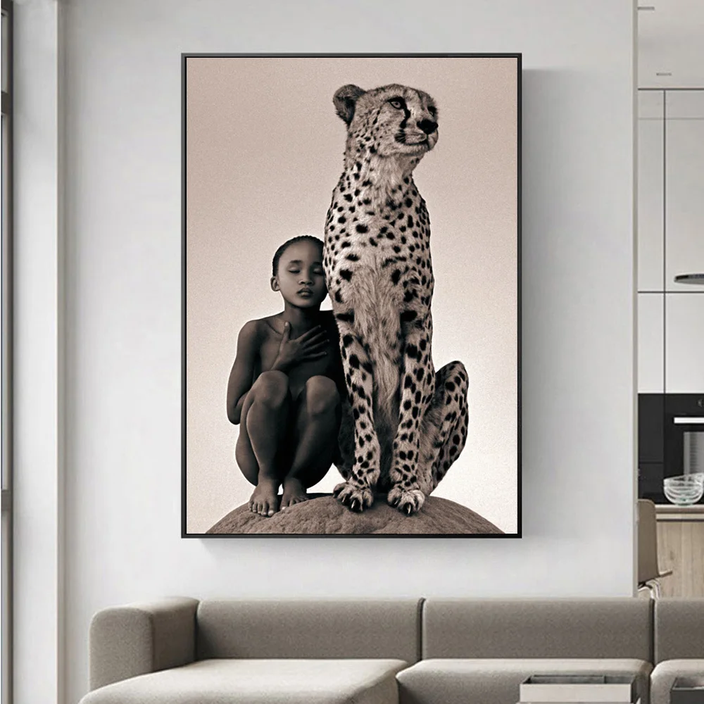 Child With Cheetah Canvas Paintings Wall Art Posters And Prints Nature Animals Wall Canvas Pictures For Living Room Cuadros